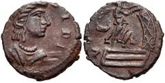 Festival of Isis. Mid 4th century AD. Æ 12mm (1.03 g, 12h). Draped bust of Isis right / Isis standing right, head left, on galley, holding sail in both hands. Alföldi, Festival pl. XVIII, 27-32 var.; 
