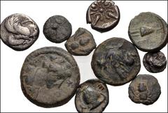 GREEK. Asia Minor. AR and Æ of Ionia. Includes: Ephesos. Æ 8mm. Bee / Stag head (3 coins) // Erythrai. Æ 8mm. Head of Herakles / One-handled cup // Klazomenai. AR Diobol. Forepart of winged boar / Inc
