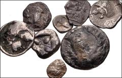 GREEK. Asia Minor. AR fractions from various cities. Includes: MYSIA, Kyzikos. Obol. Forepart of boar / Head of lion (3 coins) // Lampsakos. Trihemiobol. Janiform head / Head of Athena // IONIA, Milet