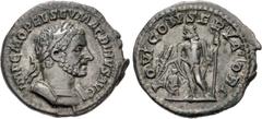 Roman Imperial Macrinus. AD 217-218. AR Denarius (19.5mm, 3.01 g, 6h). Rome mint, 3rd officina. 1st emission, AD 217. Laureate and cuirassed bust right, wearing short beard / Jupiter standing left, ho