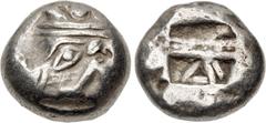 Greek LYCIA, Phaselis. Circa 530-500 BC. AR Stater (18mm, 10.89 g). Prow of galley left, terminating in a boar's forepart / Incuse square divided by two bands, with Λ-shaped feature in one section. He