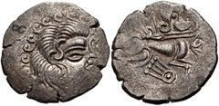 CELTIC, Northwest Gaul. Coriosolites . Circa 100-50 BC. BI Stater (23mm, 6.73 g, 9h). Celtic head right, hair in large spiral curls, S-like ear; before, small face-like ornament right above scroll-orn