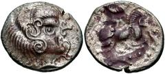 CELTIC, Northwest Gaul. Coriosolites . Circa 100-50 BC. BI Stater (22mm, 6.53 g, 3h). Celtic head right, hair in large spiral curls, S-like ear / Celticized rider on horseback right; quadripartite squ