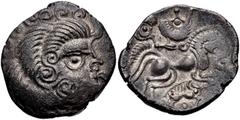 CELTIC, Northwest Gaul. Coriosolites . Circa 100-50 BC. BI Stater (22mm, 6.57 g, 3h). Celtic head right, hair in large spiral curls, S-like ear / Celticized rider on horseback right; spiral ornament b