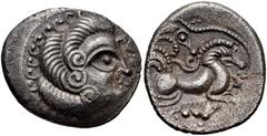 CELTIC, Northwest Gaul. Coriosolites . Circa 100-50 BC. BI Stater (23mm, 6.32 g, 2h). Celtic head right, hair in large spiral curls, S-like ear; scroll-ornament before / Celticized rider on horseback 