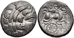CELTIC, Northwest Gaul. Redones . Circa 100-50 BC. BI Stater (20mm, 6.20 g, 12h). Celtic head right / Celticized rider on human-headed horse left; wheel of four spokes below. D&T 2310; Depeyrot, NC VI