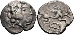 CELTIC, Northwest Gaul. Redones . Circa 100-50 BC. BI Stater (22mm, 6.36 g, 2h). Celtic head right, with hair in thick locks / Celticized rider on human-headed horse left; wheel of four spokes below, 