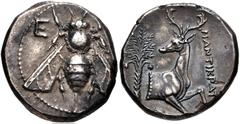 IONIA, Ephesos. Circa 390-325 BC. AR Tetradrachm (21mm, 15.12 g, 11h). Mantikrates, magistrate. Struck circa 350-330 BC. Bee with straight wings / Forepart of stag right; palm tree to left. Pixodarus 