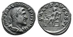 Roman Imperial (Silver, 3.28g 19mm)Maximinus I Thrax (AD 235-238). AR denarius. Rome, AD 235-236. Laureate, draped bust of Maximinus right / Salus standing left feeding serpent