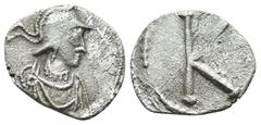 Byzantine Justinian I. (530 AD). 1/3 AR Siliqua. Constantinople. 200th anniversary of the city. Obv: helmeted bust of Constantinopolis right. Rev: K. Weight 0.78 gr - Diameter 14 mm