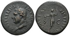 Imperial Vitellius. (69 AD) Æ As. Taracco. Obv: A VITELLIVS IMP GERMAN. laureate bust of Vitellius left. Rev: LIBERTAS RESTITVTA SC. Libertas standing facing, head right, holding pileus and scepter. W