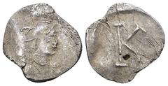 Byzantine Justinian I. (530 AD) AR 1/2 Siliqua. Constantinople. Obv: bust of Constantinopolis right. Rev: K. Weight 0,70 gr - Diameter 13 mm