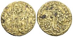 GOLD Basil I AV Solidus. Constantinople, AD 870-871. + IhS XPS REX REGNANTIVM*, Christ, nimbate, seated facing, wearing chiton, raising hand in benediction and holding Gospels / bASILIOS ET CONSTANT A