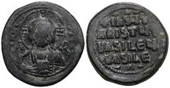 Byzantine Byzantine Anonymous Folles. temp. Basil II & Constantine VIII, circa 1020-1028. Æ Follis Class A3. Constantinople mint. Facing bust of Christ Pantokrator / +IҺSЧS/ XRISTЧS/ BASILЄЧ/ BASILЄ’ 