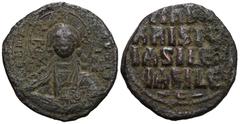 Byzantine Byzantine Anonymous Folles. temp. Basil II & Constantine VIII, circa 1020-1028. Æ Follis Class A3. Constantinople mint. Facing bust of Christ Pantokrator / +IҺSЧS/ XRISTЧS/ BASILЄЧ/ BASILЄ’ 