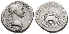 Roman Provincial CAPPADOCIA, Caesaraea-Eusebia. Trajan. AD 98-117. AR Didrachm. Laureate and draped bust right, seen from behind / Mt. Argaeus, grotto at bottom containing cult stone and two round obj