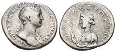 Roman Imperial CAPPADOCIA, Caesarea-Eusebia. Trajan. AD 98-117. AR Didrachm. Struck AD 112-114. Laureate and draped bust of Trajan right / Draped female bust (Arteis?) left, holding spear and patera. 