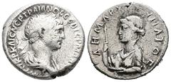 Roman Imperial CAPPADOCIA, Caesarea-Eusebia. Trajan. AD 98-117. AR Didrachm. Struck AD 112-114. Laureate and draped bust of Trajan right / Draped female bust (Arteis?) left, holding spear and patera. 