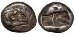 Greek Kingdom of Lydia, Kroisos AR 1/3 Stater. Sardes, circa 561-546 BC. Confronted foreparts of lion to right and bull to left Rev: Two irregular incuse squares. GRPC Lydia S5; SNG Keckman 359; Bosto