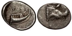 Greek LYCIA. Phaselis. Circa 500-440 BC. AR Obol ΦA…. tern of galley right within incuse square. Rev: Prow of galley left in the form of a forepart of a boar Not in major references. Possibel Unpublis
