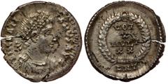Roman Imperial GRATIAN (367-383). Siliqua. Antioch. AR D N GRATIANVS AVG / ANT. Rev: Rev: VOT / X / MVLT / XX./ Legend in four lines within wreath. RIC 34e. Cf. RIC IX 33b.3 (Siliqua); RSC 95Ae. 1.88 