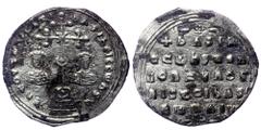 Byzantine Basil II Bulgaroktonus and Constantine VIII, 976 – 1025 Miliaresion 989-1025, En TOVTw nICAT bASILEI CCwnSTI Facing busts of Basil, on left, with short beard and wearing crown and loros , an