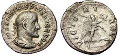 Roman Imperial Maximinus I 'Thrax' (235-238) AR Denarius, Rome, AD 235/6. IMP MAXIMINVS PIVS AVG - laureate, draped and cuirassed bust of Maximinus I right Rev: VICTO-R-I-A AVG - Victory advancing rig