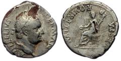 Roman Imperial Vitellius (69) AR fourree denarius, Lugdunum, 69 A VITELLIVS IMP GERMAN - Head of Vitellius, laureate, right; globe at point of neck Rev: VESTA P R QVIRITIVM - Vesta, veiled and draped,