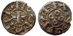 Medieval FRANCE, Provincial. Melgueil. Uncertain Count or Bishop. 12th-13th centuries. ( Silver. 0.97 g. 18 mm) BI Denier Maguelonne mint. Cross with crossbars composed of episcopal mitres; pellet in 
