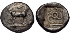 Greek Dynasts of Lycia, ( Silver. 1.15 g. 11 mm) Kuprilli AR Diobol. Circa 470-440 BC. Goat standing right. Rev: Triskeles within incuse square. Mørkholm/Zahle 115 (Stater). Rare