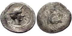 Greek DYNASTS of LYCIA. ( Silver. 0.57 g. 12 mm) Uncertain dynast. Late 5th-early 4th century BC. AR Obol Helmeted head of Athena right Rev: Head of Hermes left, wearing petasos. all within circular i