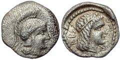 Greek LYCIA. Dynast of Xanthos ( Silver.0.87 g. 12 mm) Obol circa 410- 400 B.C. Head of Athena right in crested helmet, border of dots Rev: Head of Apollo right, behind head diskeles left, the whole d