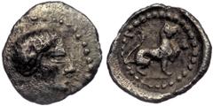 Greek LYCIA, Tlos ?. ( Silver. 0.28 g. 9 mm). Circa 400-390 BC. AR Hemiobol Head of female right. Rev: Lion seated left, raising left paw. Possibily Unpublished.