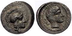 Greek DYNASTS of LYCIA. ( Silver. 0.25 g. 9 mm) Xanthos mint. Time of Wekhssere Vekhssere I.Circa 450-430/20 BC. AR Obol. Helmeted head of Athena right. Rev: Laureate head of Apollo right; diskeles to