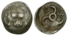 Greek (Silver. 0.69 g. 12 mm) Dynasts of Lycia. c. 390-360 BC Facing lion's scalp Rev: Triskeles, incuse square Cf. SNG Cop. Suppl. 476 (Diobol)