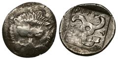 Greek (Silver. 1.19 g. 13 mm) Dynasts of Lycia. c. 390-360 BC Facing lion's scalp Rev: Triskeles, incuse square Cf. SNG Cop. Suppl. 476 (Diobol)