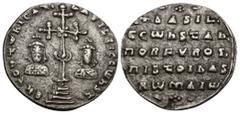 Byzantine BASIL II Bulgaroktonos, with Constantine VIII (976-1025) AR Miliaresion (Silver, 2.42g, 22mm) Constantinople, 989-1025. Obv: ЄҺ τOVτω ҺICAτ´ bASILЄI C CωҺSτ - Ornamented cross set on four st