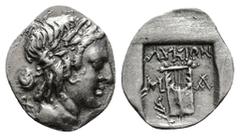 Greek (Silver1.22g 14mm) LYCIA. Lycian League. Masikytes. AR Hemidrachm ca. 35-30 B.C. Lykion, magistrate Head of Apollo right, wearing tainia; Rev: Cithara within incuse square Sear 5287, BMC 19.60.4