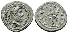 Roman Imperial (Silver, 3.94g 22mm) Macrinus, 217-218. Denarius, Rome. Laureate and draped bust of Macrinus to right. Rev. Aequitas standing left, holding scales with her right hand and cornucopiae wi