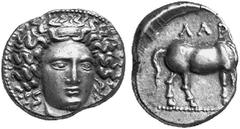 THE ANCIENT WORLD GREEK COINAGE No.: 50 Estimate: USD 600 Larissa. Ca. 344-321 BC. Drachm. 5.98 gm. Head of the nymph Larissa, with almond-shaped face, facing ¾ r. / Horse grazing r; LAPI. Hermann pl.