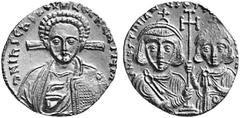BYZANTINE EMPIRE No.: 349 Estimate: USD 1250 Justinian II, Second reign, 705-711 AD. GOLD Solidus. Constantinople. 4.39 gm. Facing bust of Christ / Crowned facing busts of Justinian and an older Tiber