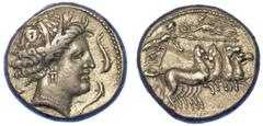 MONETE GRECHE SICILIA - CEPHALOEDIUM. Tetradracma, 409-396 a.C.. Testa di Aretusa a d., coronata di canne. Quattro delfini intorno. R/ Quadriga al galoppo verso d.; in alto, Nike incorona l'auriga. SN