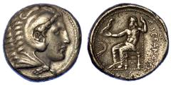 MONETE GRECHE REGNO DI MACEDONIA. ALESSANDRO III MAGNO, 336-323 a.C. Tetradracma. Testa di Ercole a d. con maschera di leone. R/ Zeus Etoforo seduto a s. tiene aquila. g. 16,72. Diam. mm. 24,82. Arg. 