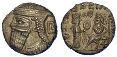 MONETE GRECHE PARTHIA - ARSACIDI. VOLOGASES IV, 147-191. Tetradracma. Busto coronato a s. R/ Tyche porge una ghirlanda al re seduto. Sellwood 84. g. 12,26. Diam. mm. 24,62. Arg. Porosità. q.SPL Shippi