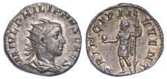 COLLEZIONE EMILIO CARRERA, MONETE DELL'IMPERO ROMANO FILIPPO II (Cesare), 244-247., Antoniniano. Busto radiato e paludato a d. R/ Filippo II stante tiene globo e stendardo. Coh. 48. RIC 218. g. 5,05. 
