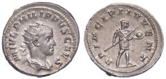 COLLEZIONE EMILIO CARRERA, MONETE DELL'IMPERO ROMANO FILIPPO II (Cesare), 244–247., Antoniniano. Busto radiato e paludato a d. R/ Filippo II stante verso d. con lancia e globo. RIC 216c. g. 4,87. Diam