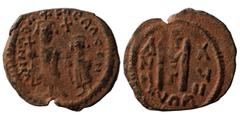 Islamic Umayyad Caliphate. Circa 642-646. Imitating 'Cyprus follis of Heraclius, with Heraclius Constantine, 610-641. Follis (bronze, 4.39 g, 26 mm), Uncertain mint in Syria. Heraclius and Heraclius C