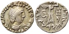 Indo Greek BAKTRIA. Indo-Greek Kingdom. Zoilos III Soter, circa 45-35 BC. Drachm (silver, 2.48 g, 16 mm). Diademed and draped bust right. Rev. Athena Alkidemos advancing left; kharoshthi letter in lef