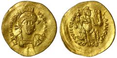 Roman Imperial Honorius, 393-423. Solidus (gold, 4.34 g, 22 mm), Constantinople. D N HONORIVS P F AVG Helmeted and cuirassed bust facing slightly right, holding spear and shield decorated with horsema