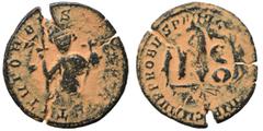 Byzantine Constans II, struck over Roman Imperial Probus coin, 276-282. [RES]TI TVTOR […]. Rev. IMP C M AVR PROBVS P[…]. Constans II, 641-668. Follis (bronze, 3.33 g, 22 mm), Constantinople. EN T૪TO N